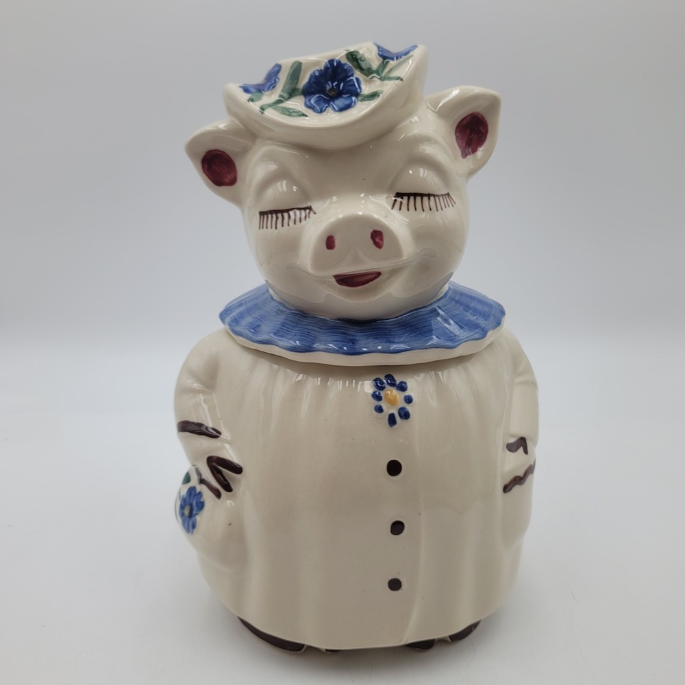 VTG Shawnee Winnie Ceramic Pig Cookie Jar Hand Painted Floral Hat Blue CHIP